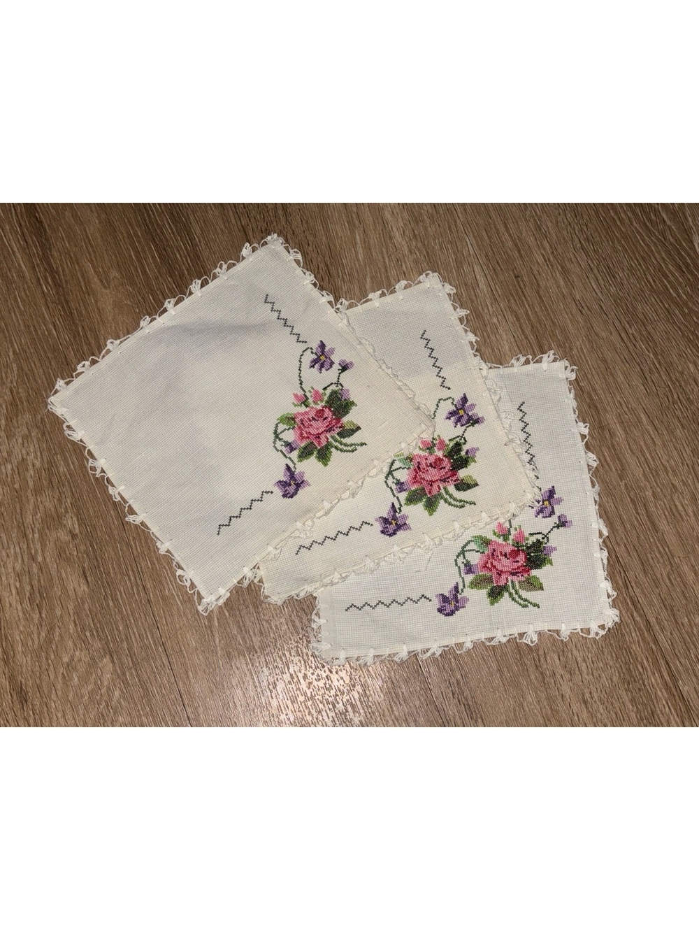 Vintage Cross Stitch Rose Cocktail Napkins Set of 3 D188